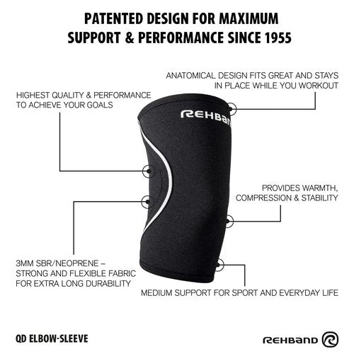 Rehband Elbow Brace for Sports & Everyday Use, 3mm Neoprene Elbow Support, Non-Slip, Stabilizing Elbow Support with Compression for Men & Women, stabilizes Joints and Muscles, Colour:Black, Size:Large