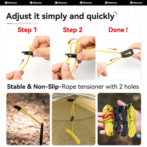 Hikeman Tent Guy Ropes 2mm-Ultralight Strong Guy Lines with Tensioner Reflective UHMWPE Fiber Tent Cord for Camping, Hiking, Backpacking Rope (Black, 39 Feet, 6 Tensioners)