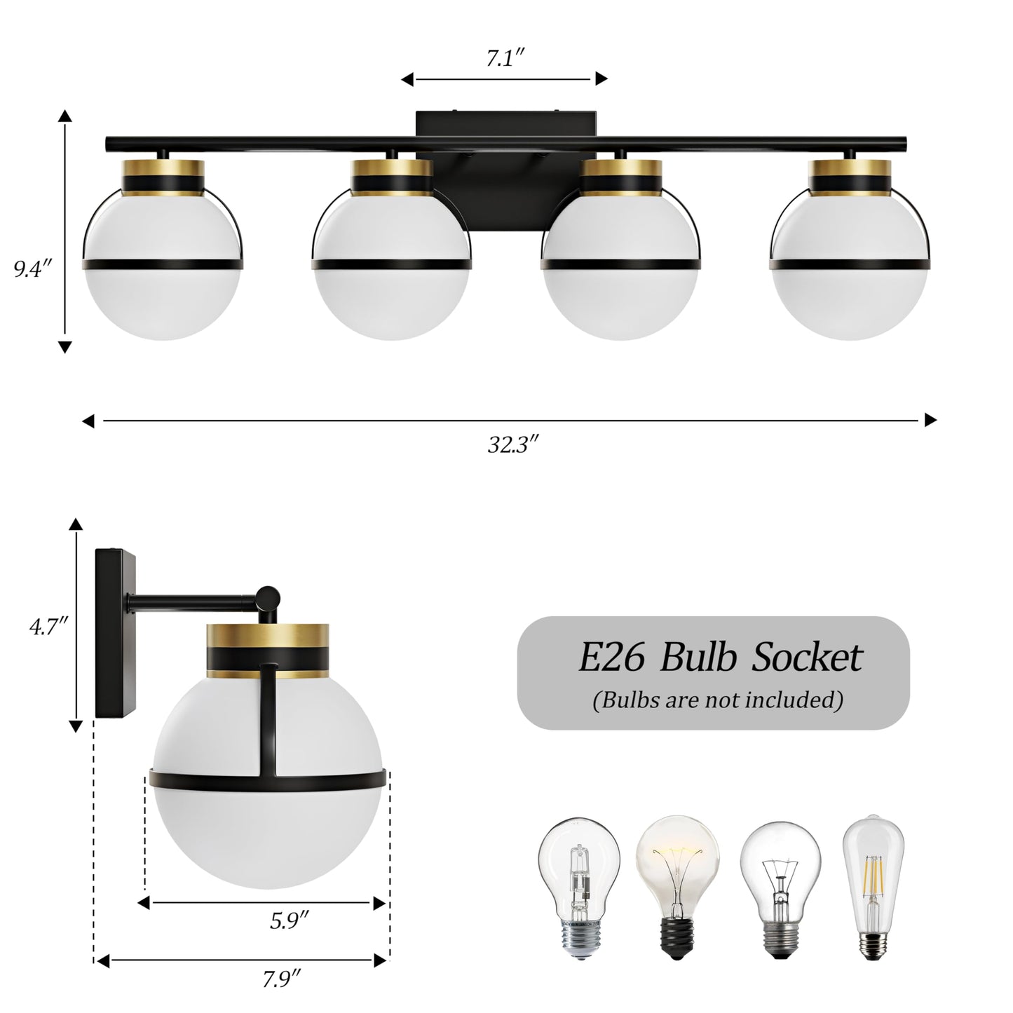 Soraglitium Black Gold Vanity Lights - ETL Certified 4 Light Mid Centery Modern Bathroom Sconces with Milk White Glass Shades (Exclude E26 Bulb)