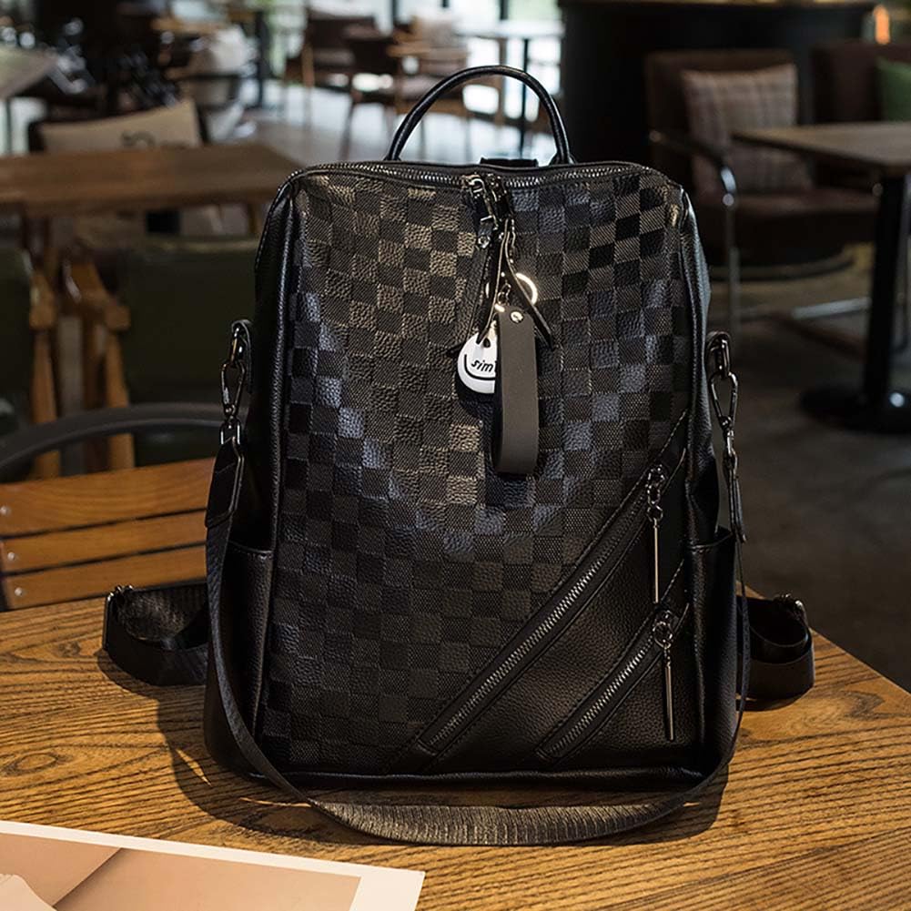 JohnMojie Checkerboard Daypack Backpack for Women, Women's Commuting PU Backpack Leisure Bag