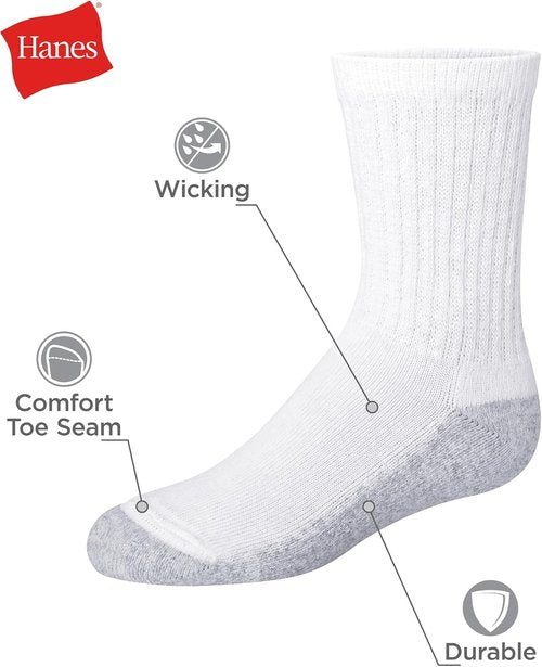 Hanes Boys Socks - Moisture-Wicking Crew, Ankle & No Show Stretch-Cotton | 12 & 14 Packs, Black & White