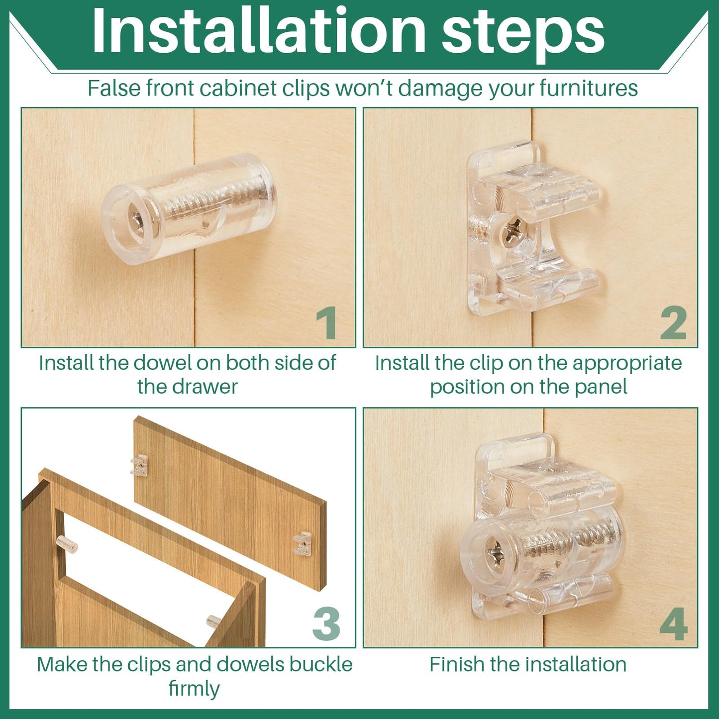 Juexica False Cabinet Front Clip False Drawer Front Clips Sink Tip Out Snap with Screws Screwdrivers for Hardware Replacements(16 Pairs)