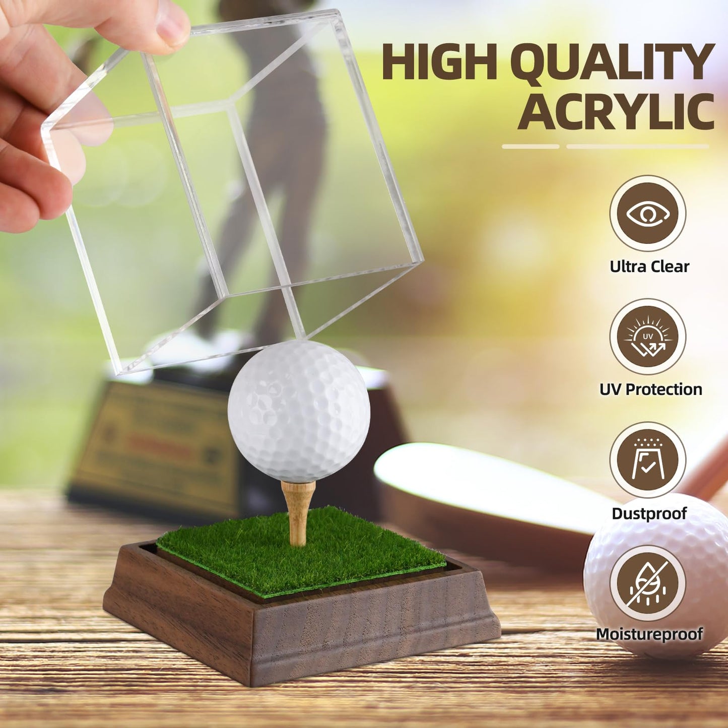 Golf Ball Display Case Hole in One Golf Ball Display Case Holder Wanult Wood Base Acrylic Golf Ball Holder Stand Lifelike Turf Wood Tee Memorabilia Showcase Square Cube Box Stand Golf Gifts Decor