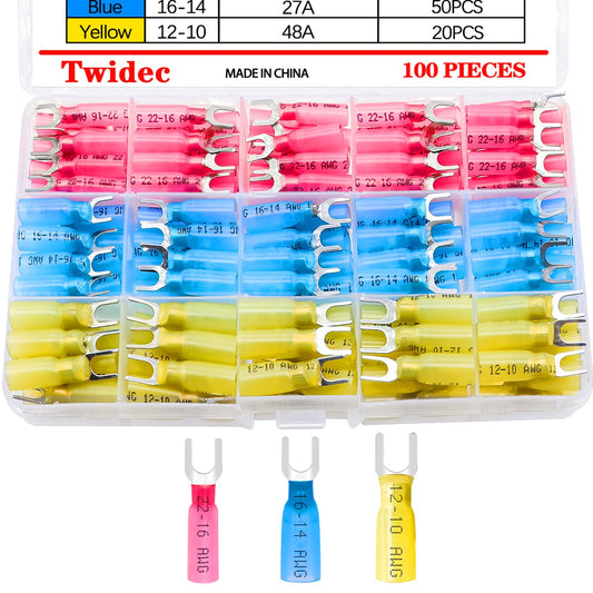 Twidec/100PCS Heat Shrink Fork Spade Connectors 22-16/16-14/12-10 Gauge #10 Waterproof Quick Splice Crimp U-Type Terminal Connectors Assortment Kit N-078-100PCS