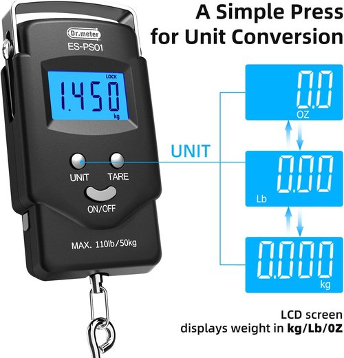 Dr.meter Fish Scale with Lip Gripper - 110lb Digital Weight Scale & Measuring Tape | Stainless Steel Fishing Tool