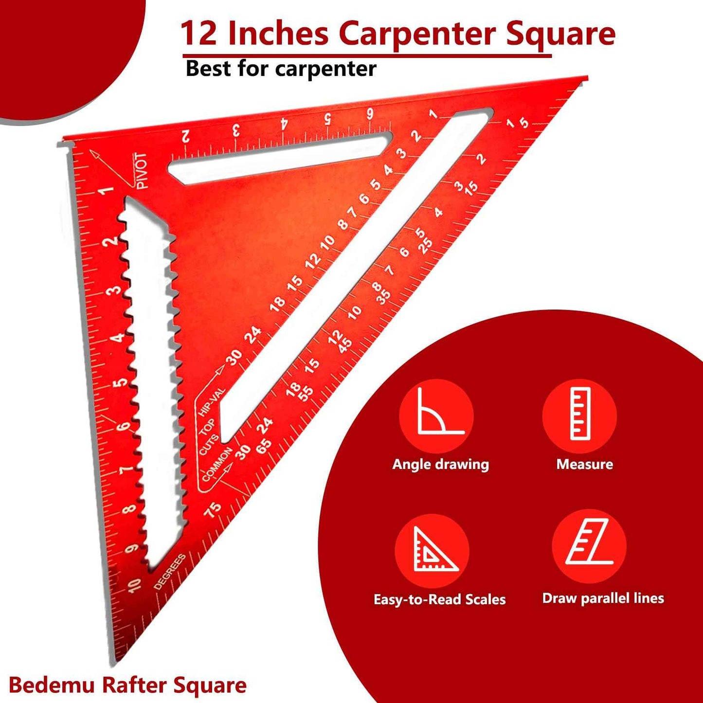 Carpenter Square 12 Inch, Aluminum Rafter Square Carpenter for Woodworking, Sturdy Angle Drawing Measuring Ruler, Layout Tool Alloy Triangle Ruler Protractor for Carpentry, Red