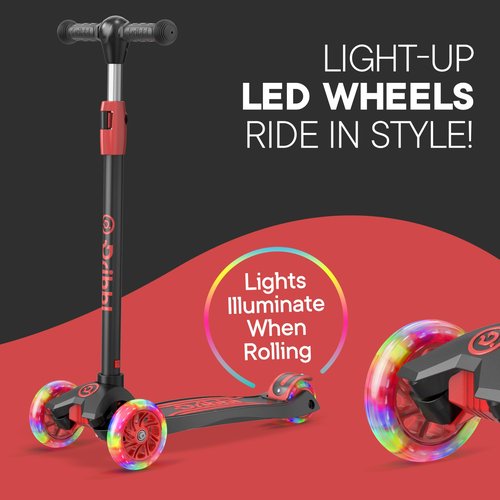 Dribbl 3-Wheel Kids Scooter - Lean-to-Steer Technology, Adjustable Height Handlebar, Anti-Slip Deck, Scooter for Boys & Girls Ages 3+, Child Safety Approved, Support Rider Up To 165 lbs, Black and Red