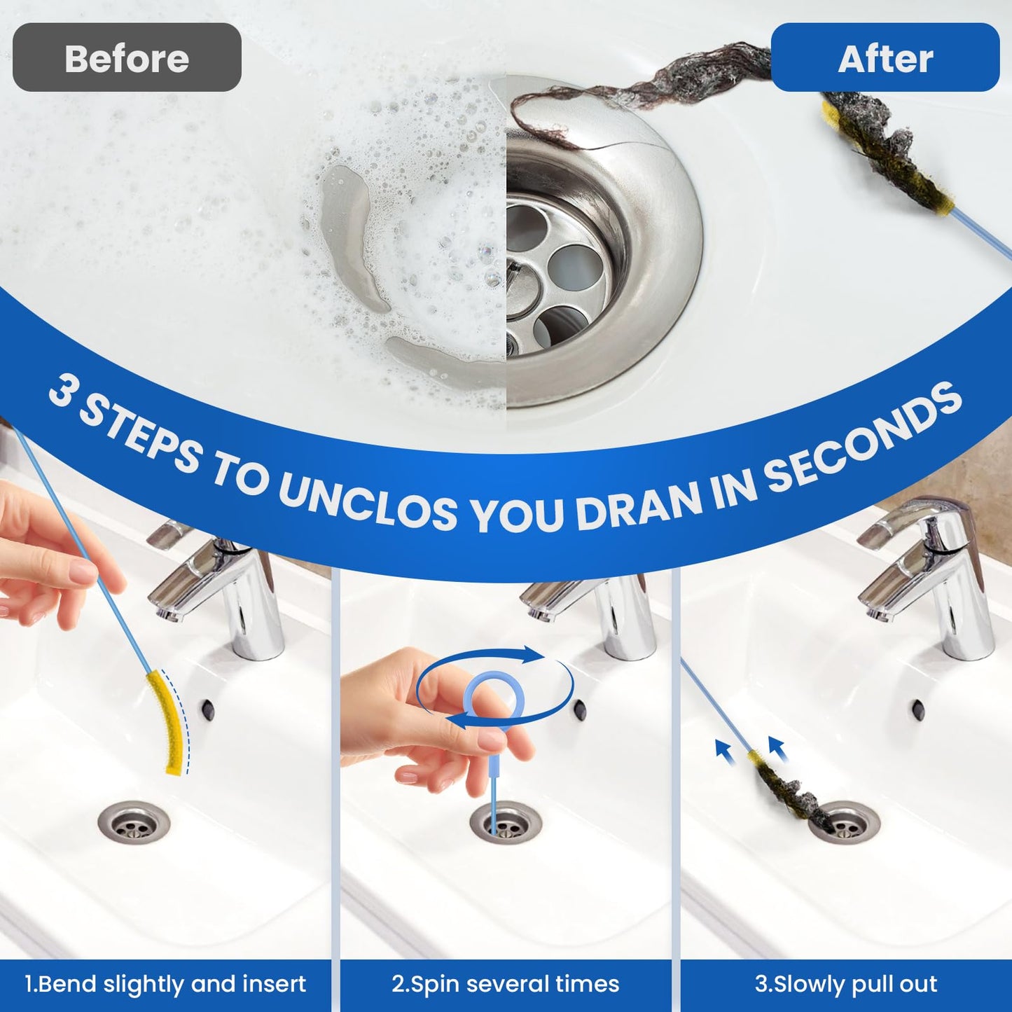 MILYARD 4 Pcs Drain Snake Hair Clog Remover Tool, 50 Inch & 30 Inch Blue Nylon Coated Ring, Anti-Break Flexible Metal Plumbing Snake Tool for Bathroom Sink, Tub, Shower