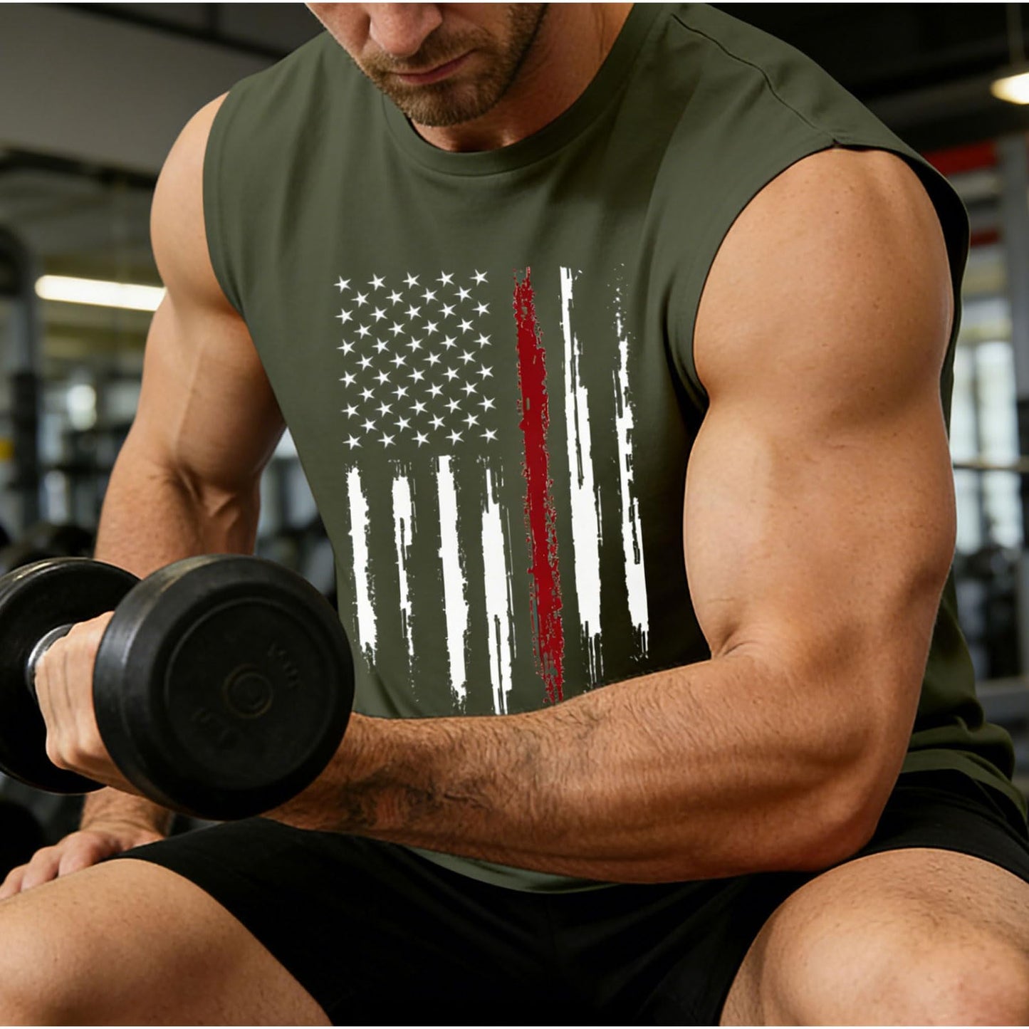 CUIFUTANG Men American Flag Tank Top Sleeveless Graphic Muscle Tee Gym Workout USA Sleeveless Tee Shirts - Green-XXL
