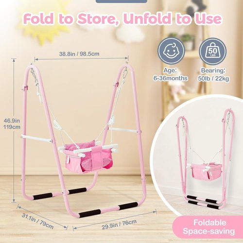 FUNLIO U-Shape Toddler Swing Set - Heavy Duty Metal Frame with Sandbags & Anti-Slip Pads | Portable Pink Design for Indoor/Outdoor Use