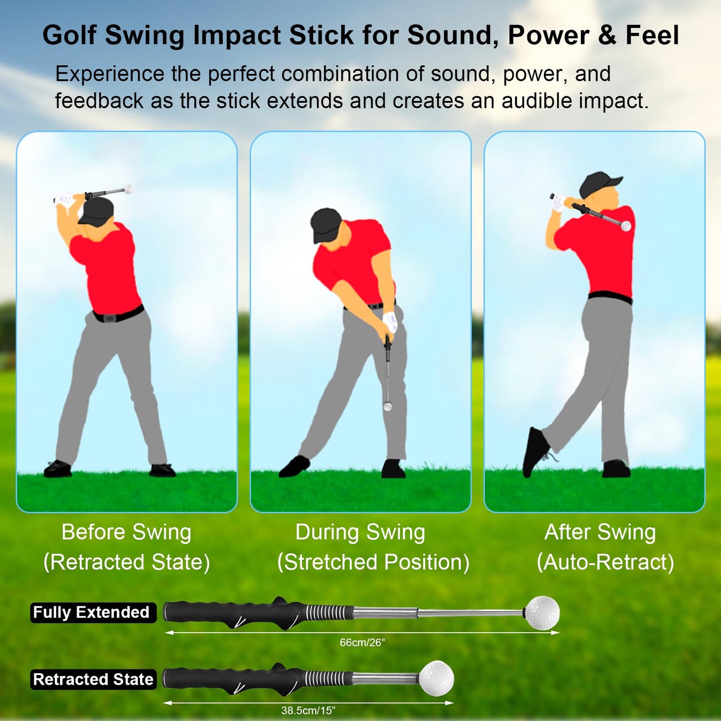 AVIKURA Retractable Golf Swing Trainer and Arm Band for Posture Correction, Right-Handed Golf Grip Training Aid for Warm-Up, Tempo, and Posture, Indoor/Outdoor Practice, Black