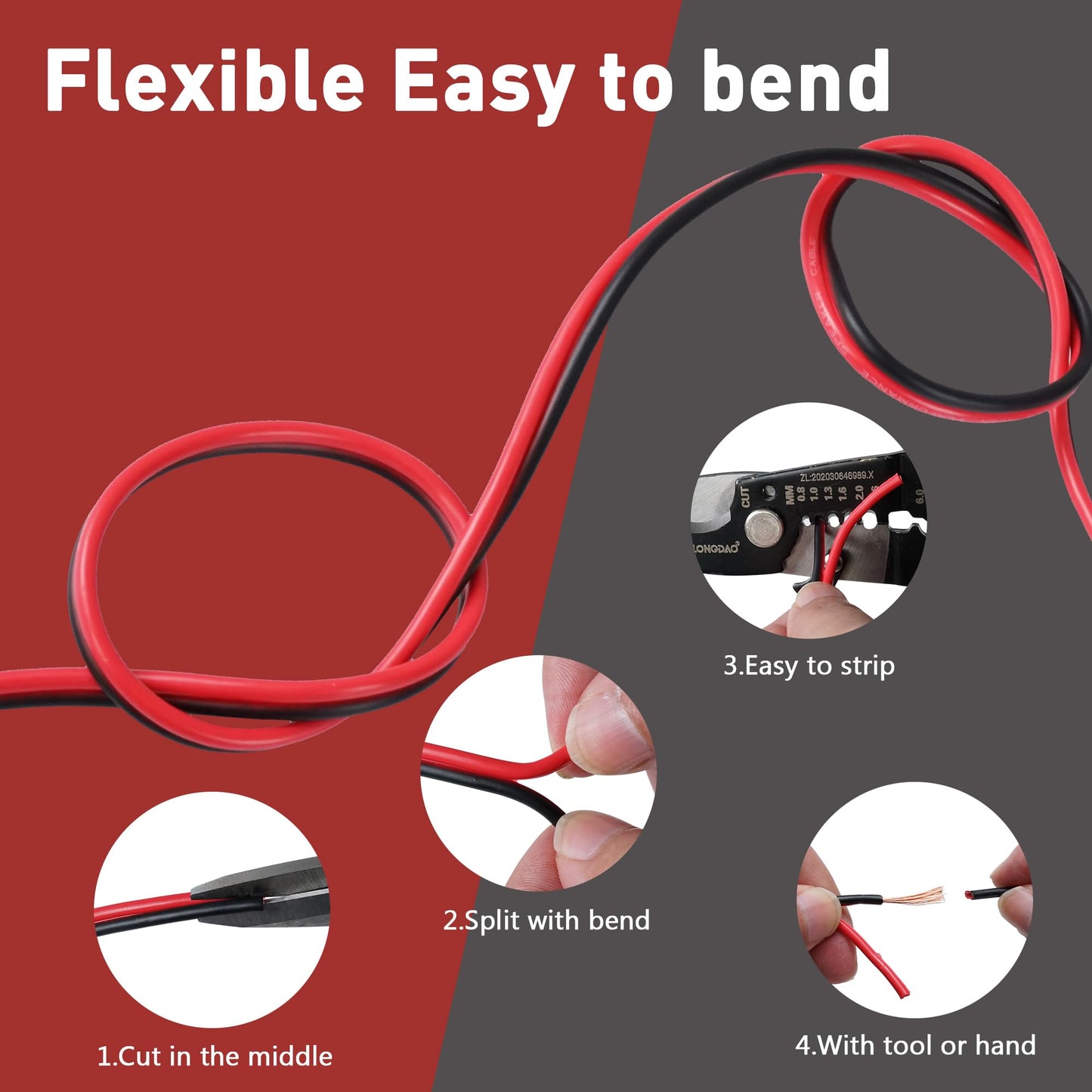 HiFind 12/2 Gauge 25 FT Red Black Hookup Electrical Wire Cable LED Strips Extension Cord 12V/24V DC, 12AWG Flexible Speaker Wire Cable for Car Audio, Home Theater, LED Ribbon Lamp Tape Lighting