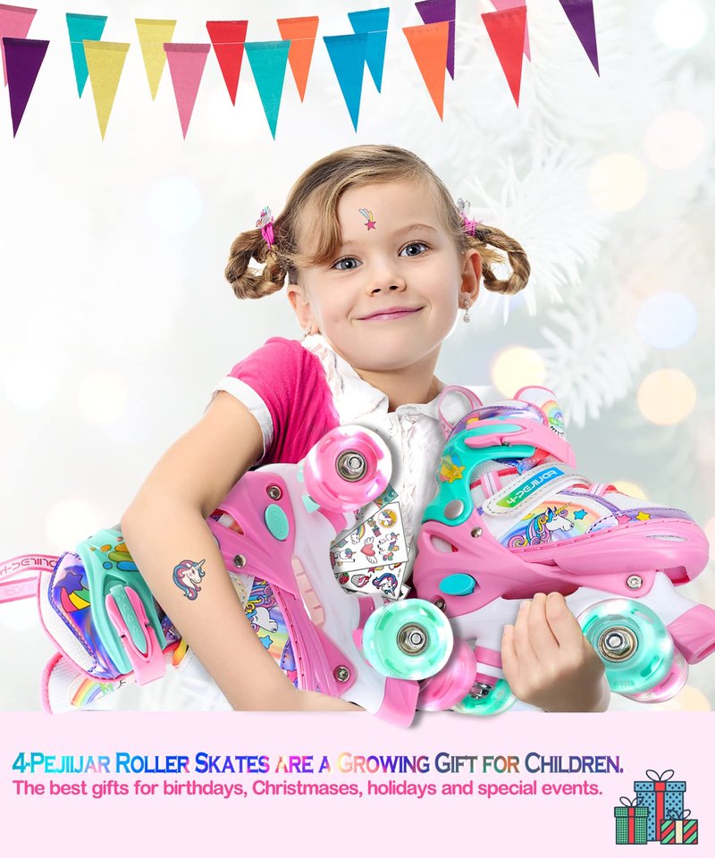 Rainbow Unicorn Kids Roller Skates for Girls Boys Toddler Ages 5-8,4-Pejiijar Adjustable Roller Shoes with Luminous Wheels for Birthday Xmas Gifts.