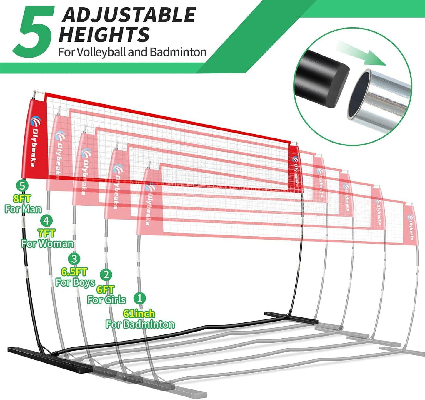 Skiennix Portable Volleyball Net - 5-Height Adjustable Backyard Set with Widened Base & Carry Bag | 12ft/14ft