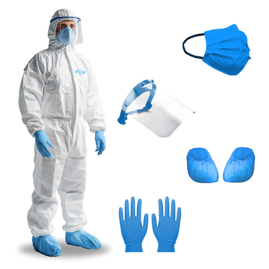 Hazmat Suit Disposable Full Body Hazmat Suit PPE Equipment with Protective Face Shield, Disposable Face Masks Pair of Blue Nitrile Gloves and Shoe Covers Coveralls for Men and Woman (Large)