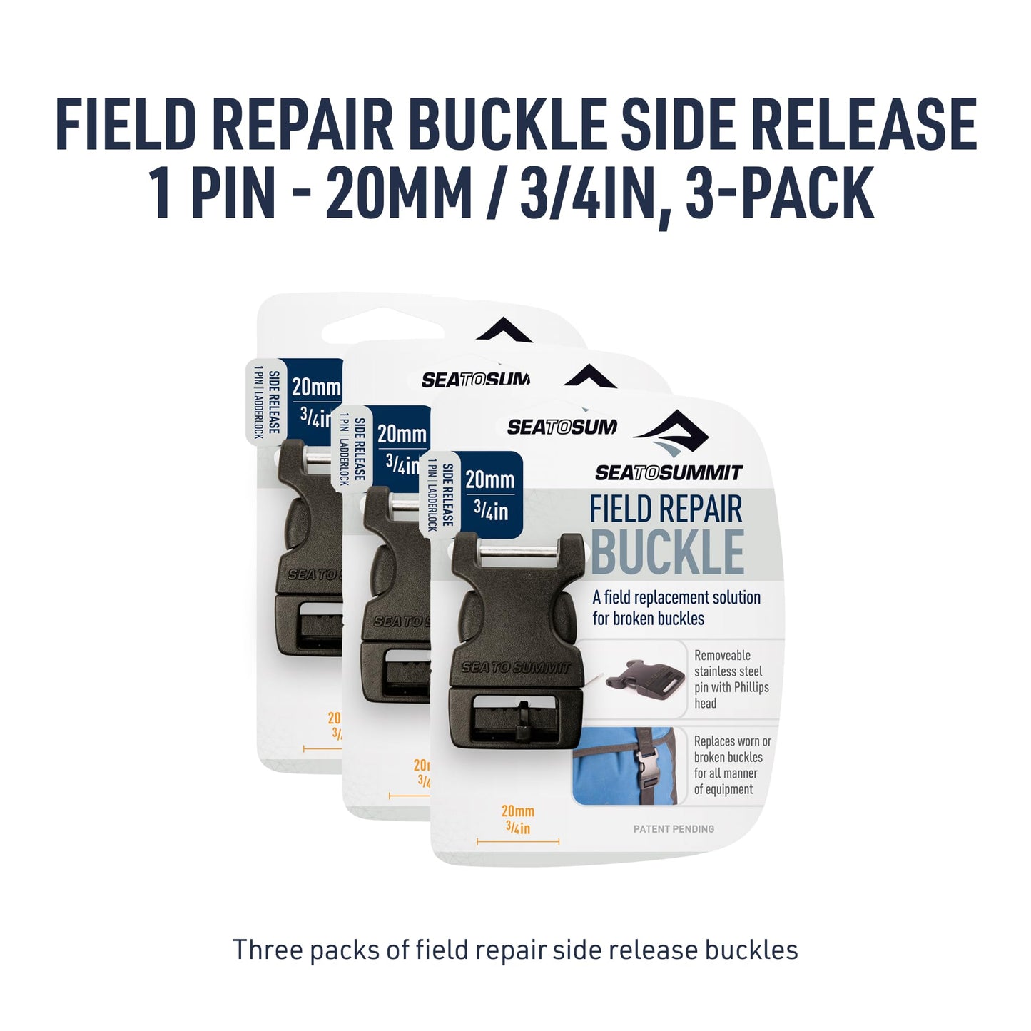 Sea to Summit Field Repair Buckle - Side Release, 1 Pin, 3-pack, 20mm / 3/4in