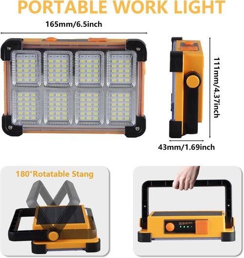 **Skiennix 120W Solar Rechargeable Work Light - 10000LM Portable Flood Light with Stand, IP66 Waterproof**