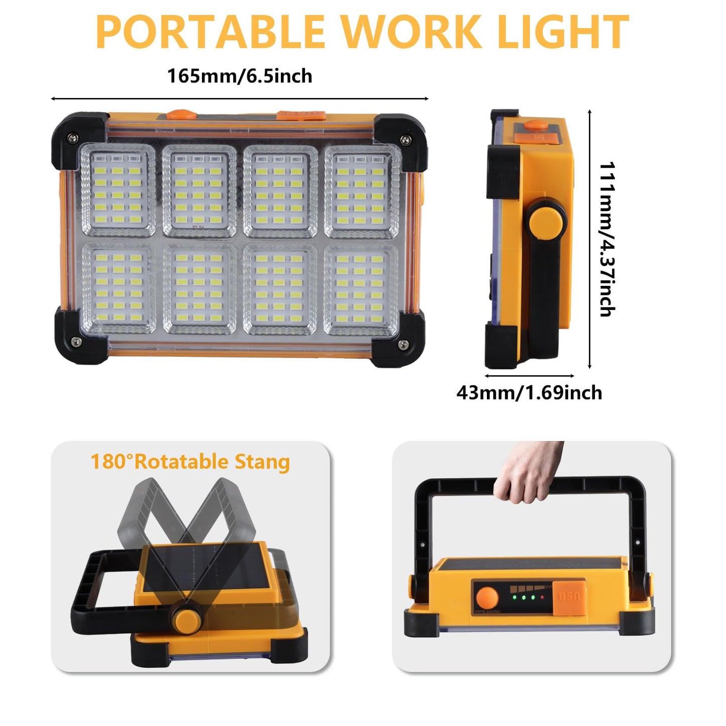 120W Solar Rechargeable Work Light, 144 LED 10000LM Portable Flood Light with Stand, IP66 Waterproof 4 Modes LED Job Site Lighting Flashlights for Mechanic Camping Fishing Car Repair