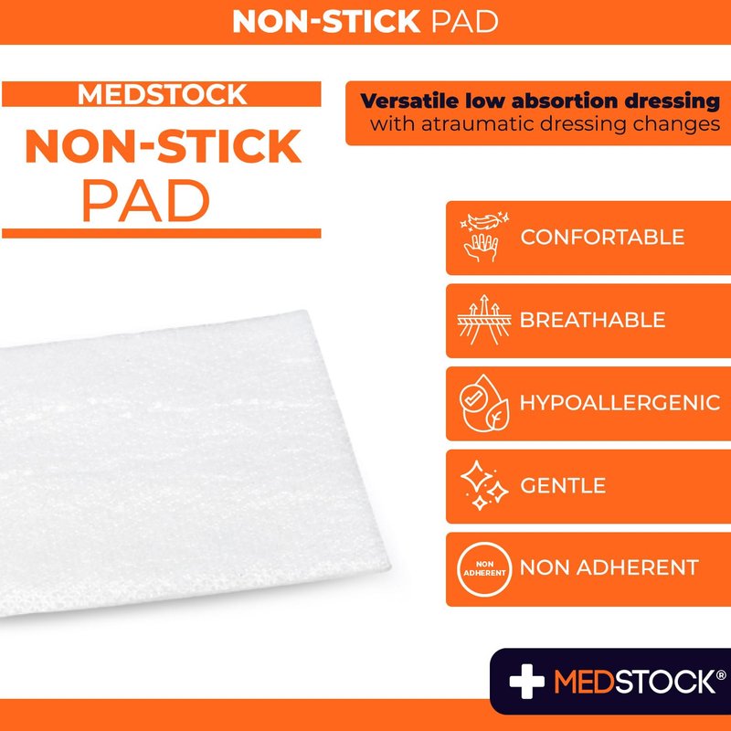 MEDSTOCK Non-Stick Pad, 4"x4" (Pack of 100), Gauze Pad Dressing, Non-Stick Wound Care, Surgical Grade, Fragile Tissue Protection, High Absorption, Porous Film Skin Contact Layer, Non Woven Fabric