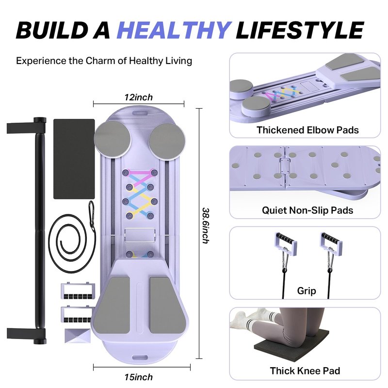 TTFP Pilates Board, Pilates Reformer Set with Timer, Multifunctional Abdominal Board Ab Core Trainer Home Workout Equipment (Lavender)