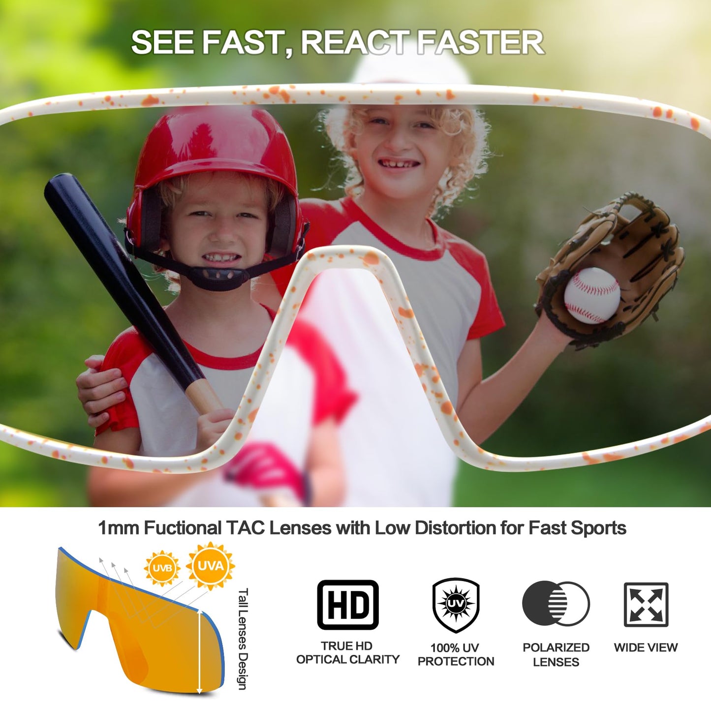 Jefoo Kids Baseball Sunglasses Polarized Sports UV400 Protection Lightweight Cycling Glasses with Strap for Boys Girls 5-10