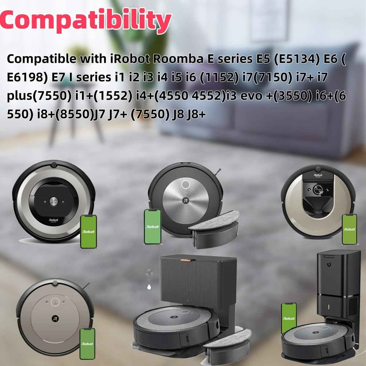 Replacement Parts accessories for iRobot Roomba e5 e6 i1 i2 i3 i4 i5 i6 i7 i8 j5 j6 j7 j8 and all Plus i e j Series Vacuum Cleaner 2 Set Roller Brushes 6 HEPA Filters 6 Tangle-Free Side Brushes