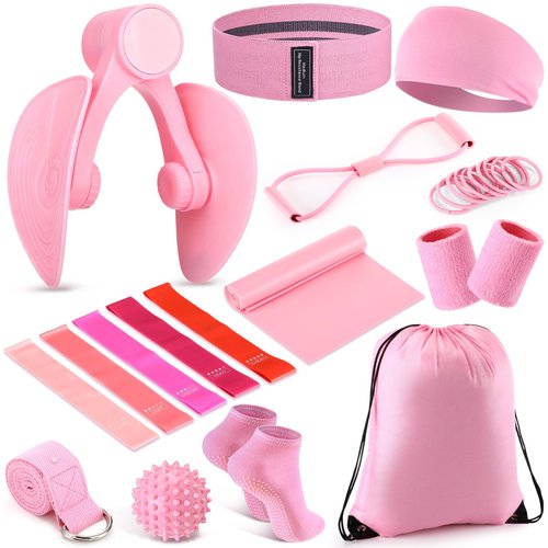 Halloscume 15 pcs Pilates Kit for Women Home Pilates Yoga Fitness Set with Pelvic Floor Trainer 5 Resistance Band Stretching Strap Non Slip Sock Ball Wristband Headband Gym Bag (Pink)