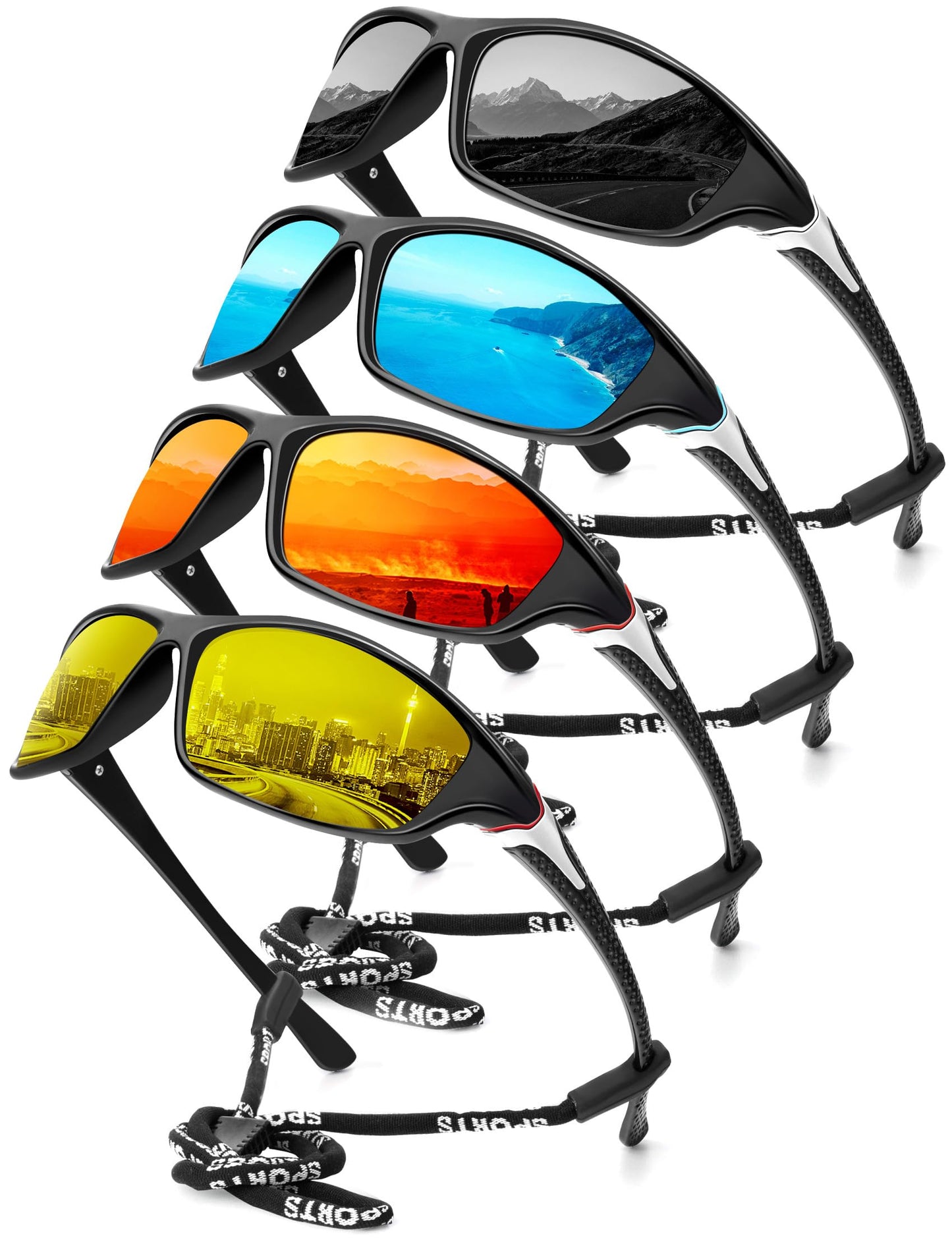 KALIYADI Sports Polarized Sunglasses Men UV400 Protection for Fishing Driving Cycling, Black/Blue/Red/Yellow, 4 Pack