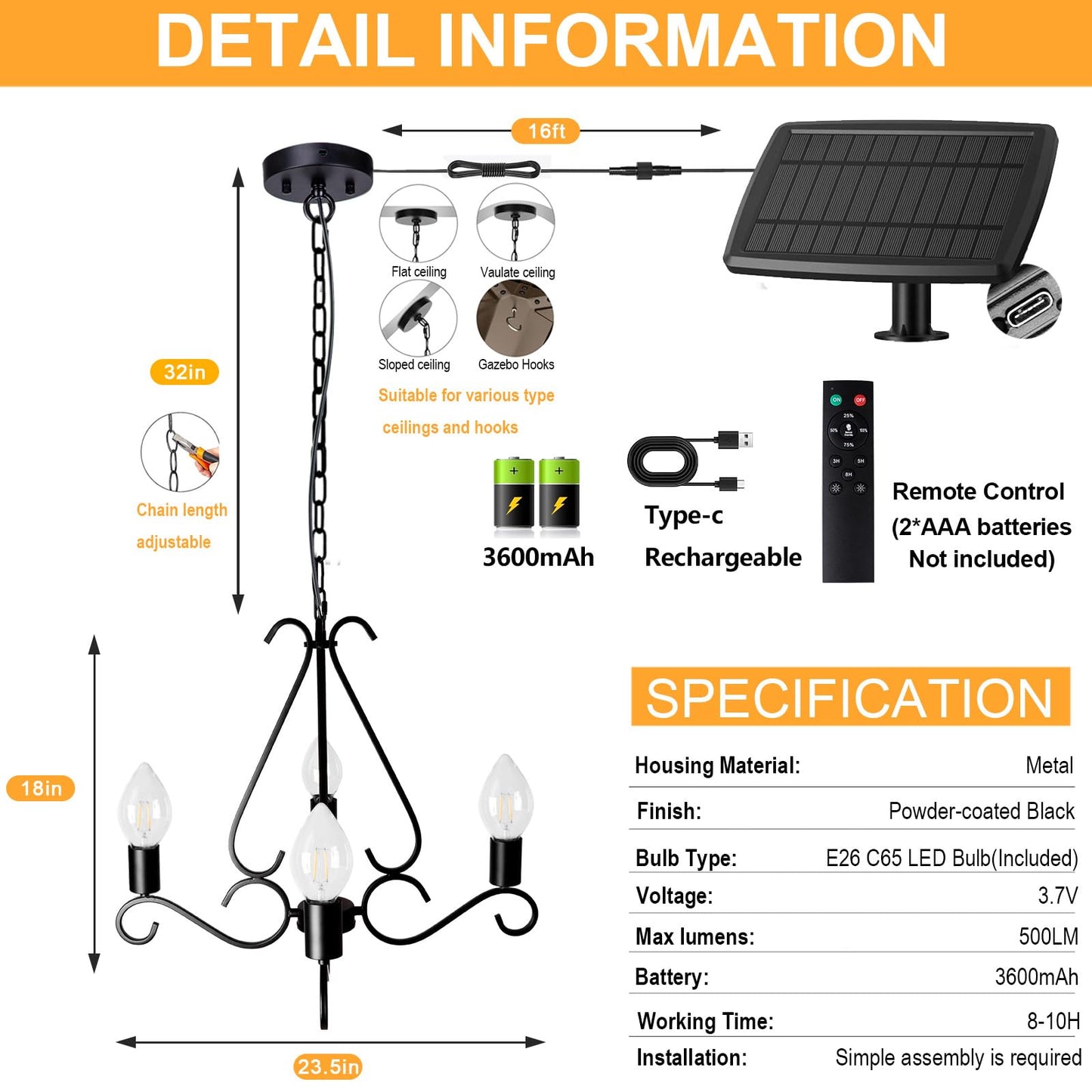 TWINKVILLA Solar Chandelier Outdoor, 4-Lights 23" Rustic Farmhouse Industrial Iron Chandeliers Waterproof Dimmable Hanging Pendant Lights for Gazebo, Pergola, Canopy, Tent Decor