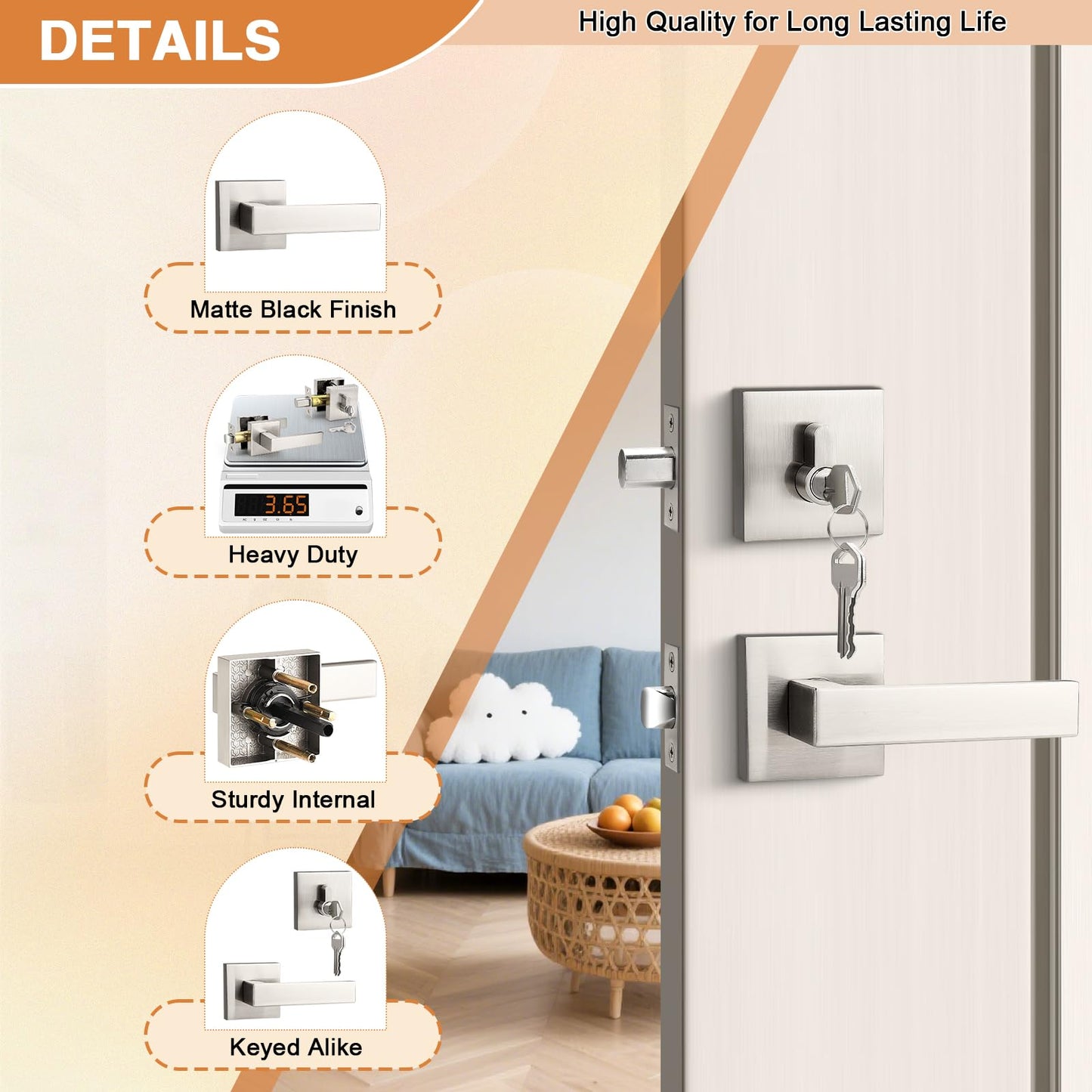 Probrico Brushed Nickel Passage Door Lever with Single Cylinder Deadbolts Combo Pack, Modern Square Lock Set Handleset,Exterior Handle and Set,Same Keys, 2 Pack