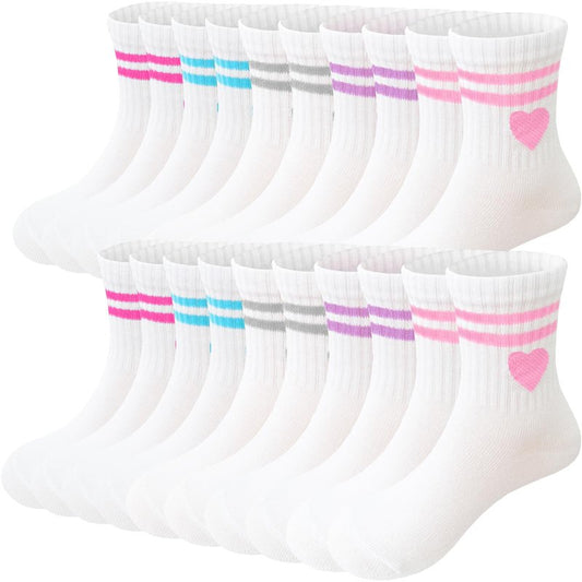 Bemeol Girls Crew Socks 10 Pairs Girl Casual Athletic Cotton Lightweight Stretch Crew Socks for Kids 4-6 6-8 8-10 Years Old(6-8 Years)