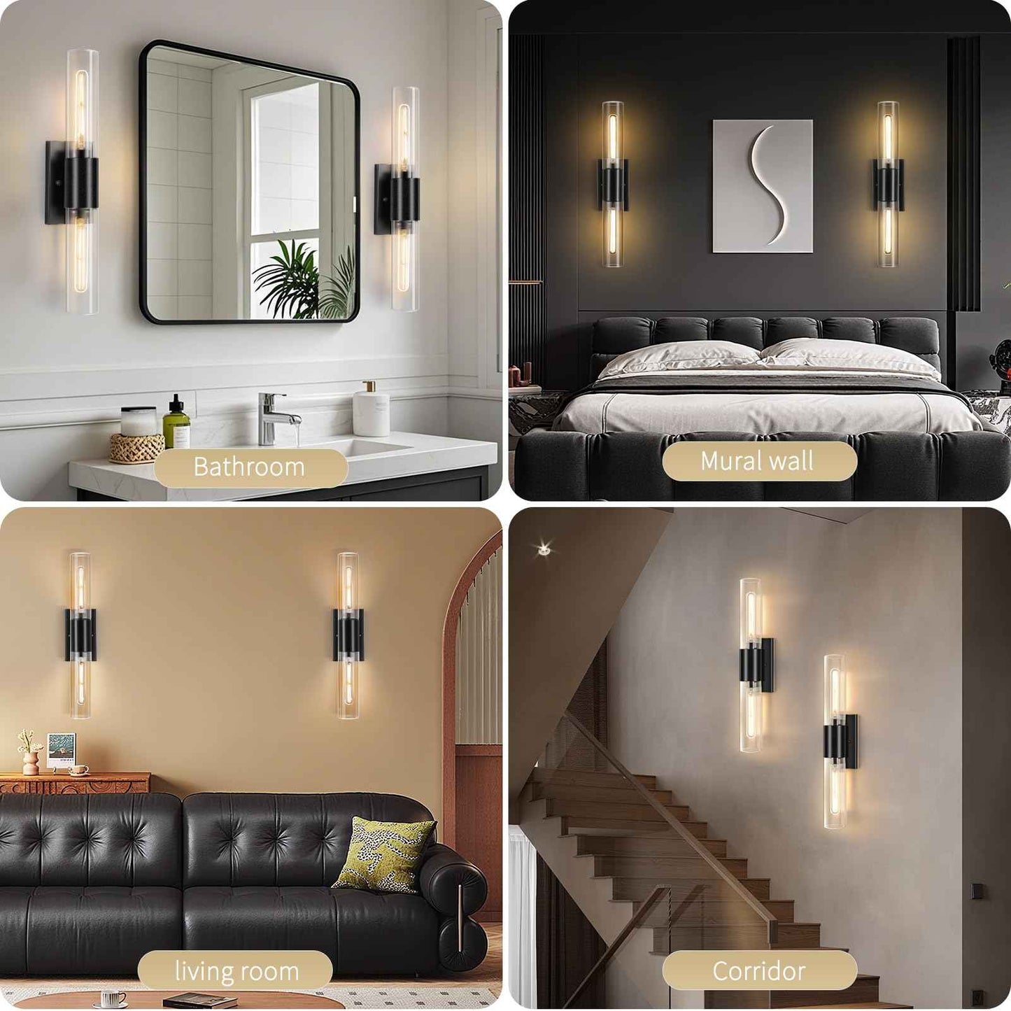 Bathroom Wall Sconces Set of Two Black , 21" Modern 2-Light Vanity Light Tube Wall Sconce, Clear Glass Indoor Hardwired Mounted Lamps for Living Room,Bedroom,Hallway-Black Clear (Bulb Not Included)