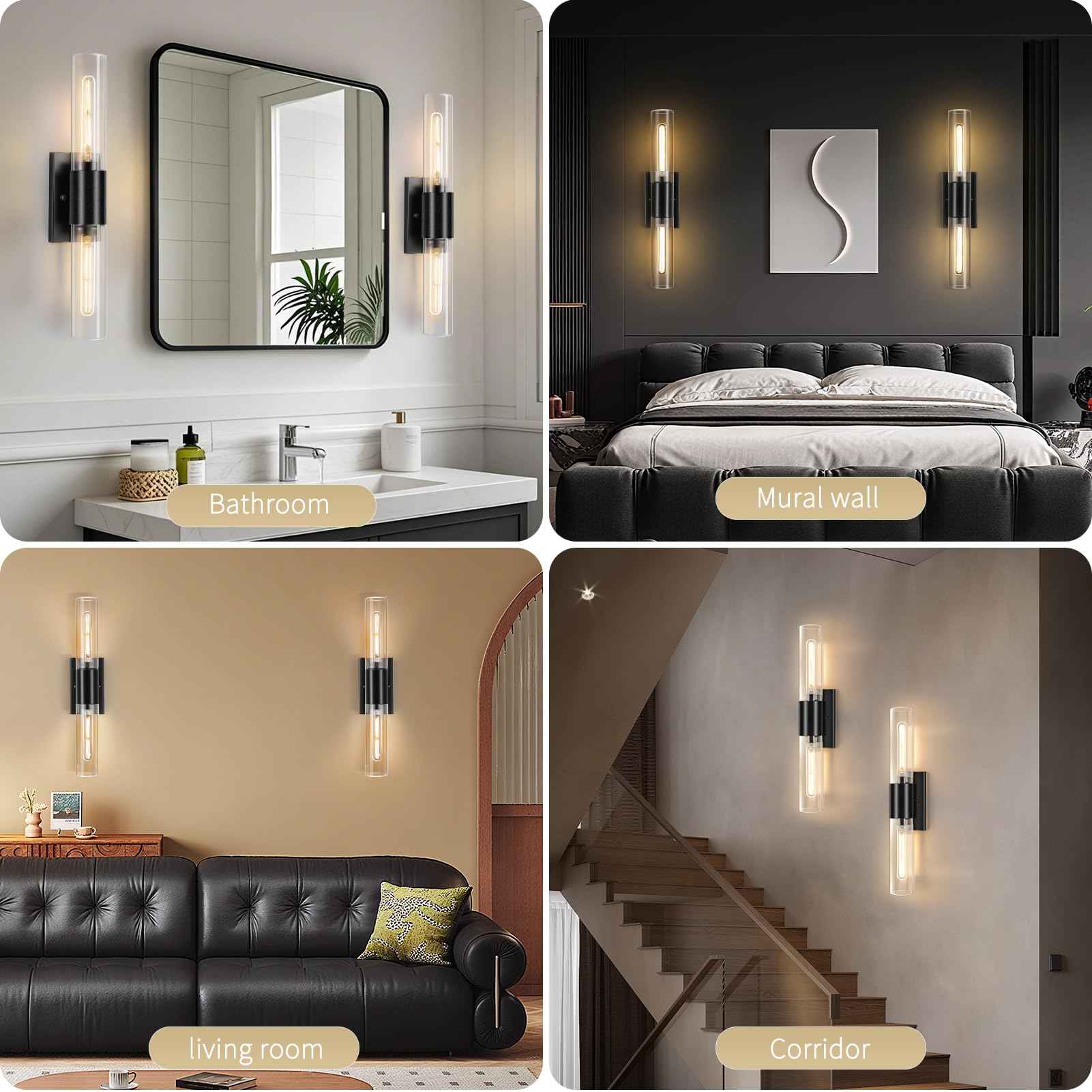 Bathroom Wall Sconces Set of Two Black , 21" Modern 2-Light Vanity Light Tube Wall Sconce, Clear Glass Indoor Hardwired Mounted Lamps for Living Room,Bedroom,Hallway-Black Clear (Bulb Not Included)
