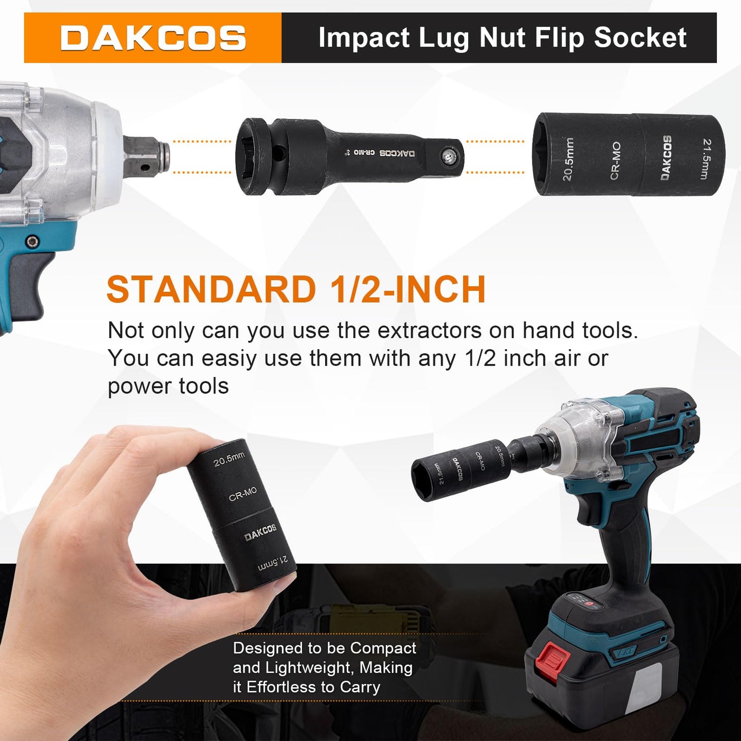 DAKCOS 1/2-inch Drive 20.5 x 21.5 mm Impact Lug Nut Flip Socket, Half Size Lug Nut Socket, CR-MO