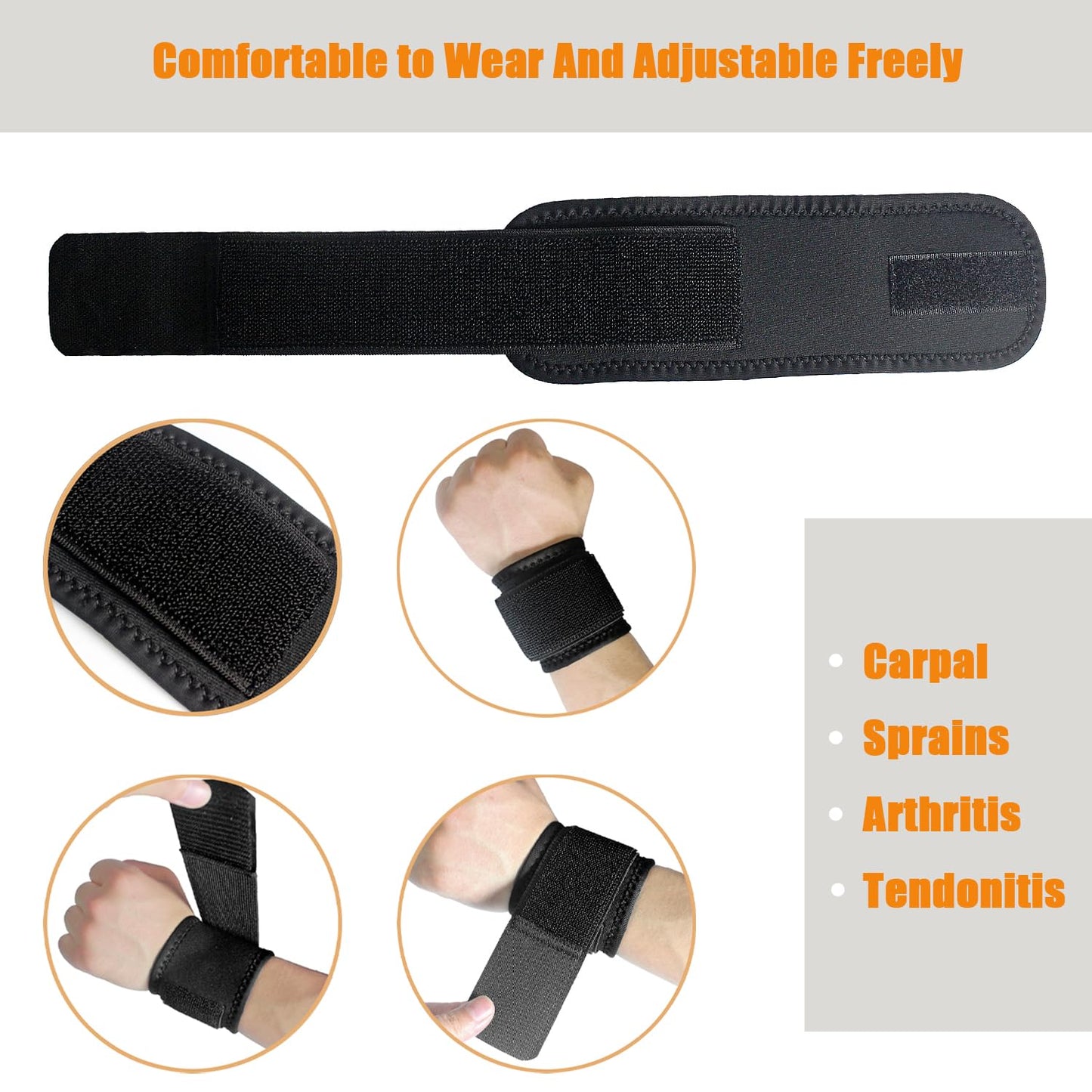 2 Pack Wrist Compression Strap and Support Adjustable Wrist Brace Carpal Tunnel for Men and Women Working out Wrist Pain Sprain Tendonitis (Black)
