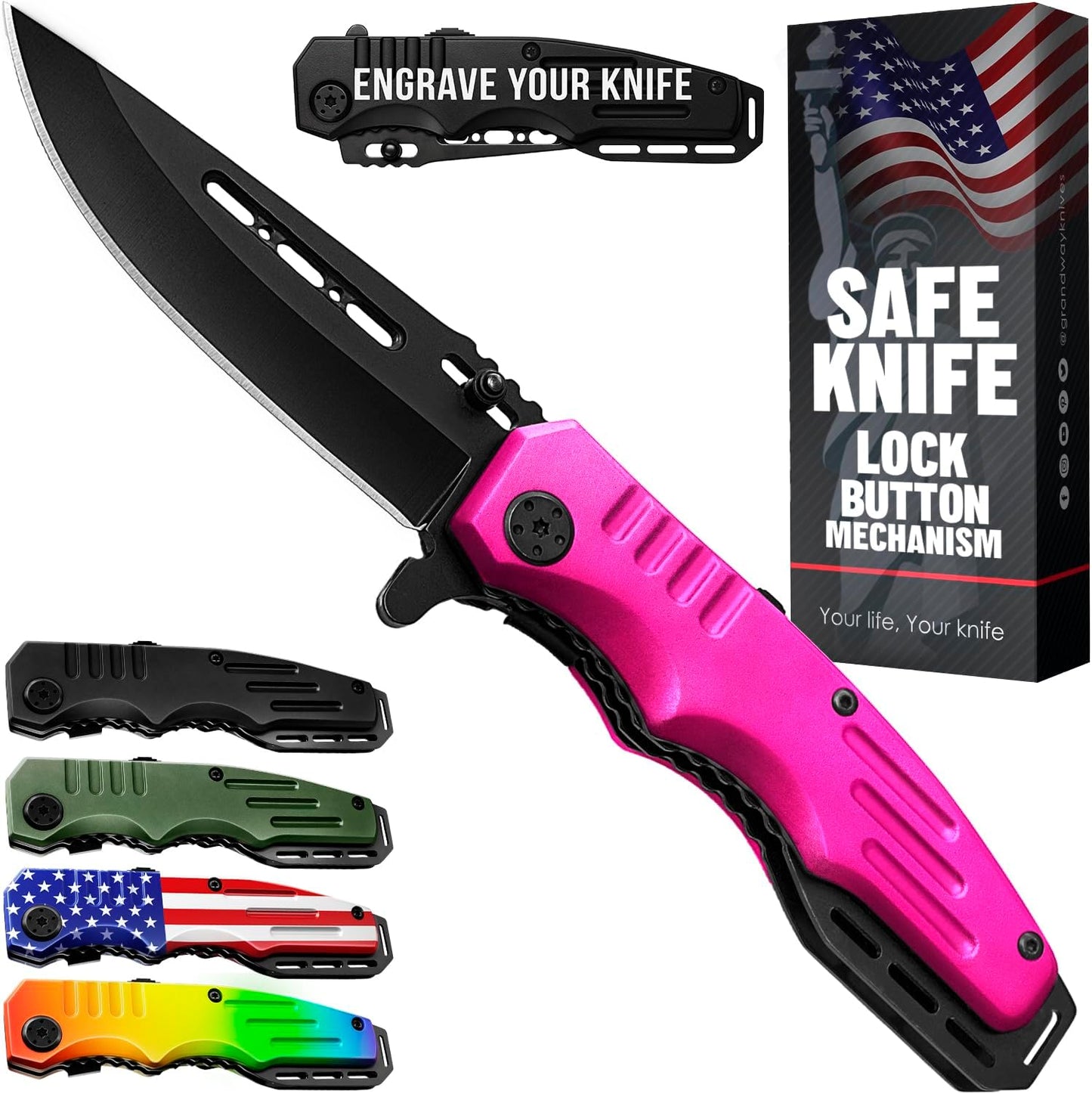 Skiennix Safety Lock Pocket Knife - Cute Spring Assisted Folding Knife in Hot Pink | Ideal Self-Defense Tool for Women