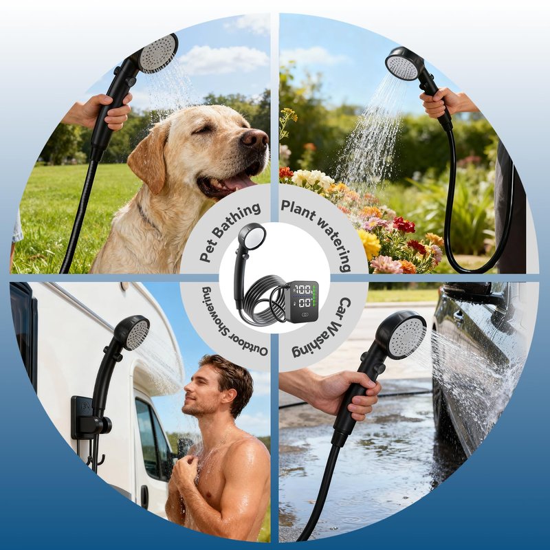 Portable Shower with Heater,1500W Auto-Off Heater,6 Water Pressure Levels & 3 Spray Modes for Battery Camping Shower Pump,8000mAh Rechargeable Battery,LED Display for Travel,Car and Pets Washing