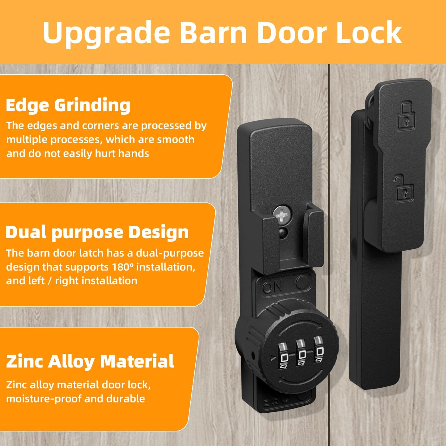 Barn Door Lock,180 Degree Flip Barn Door Locks and Gate Latches, Sliding/Bifold French Door Lock Latch for Gate Barn Garage Shed Window Cabinet Liquor 3-Digit Password Keyless,Black