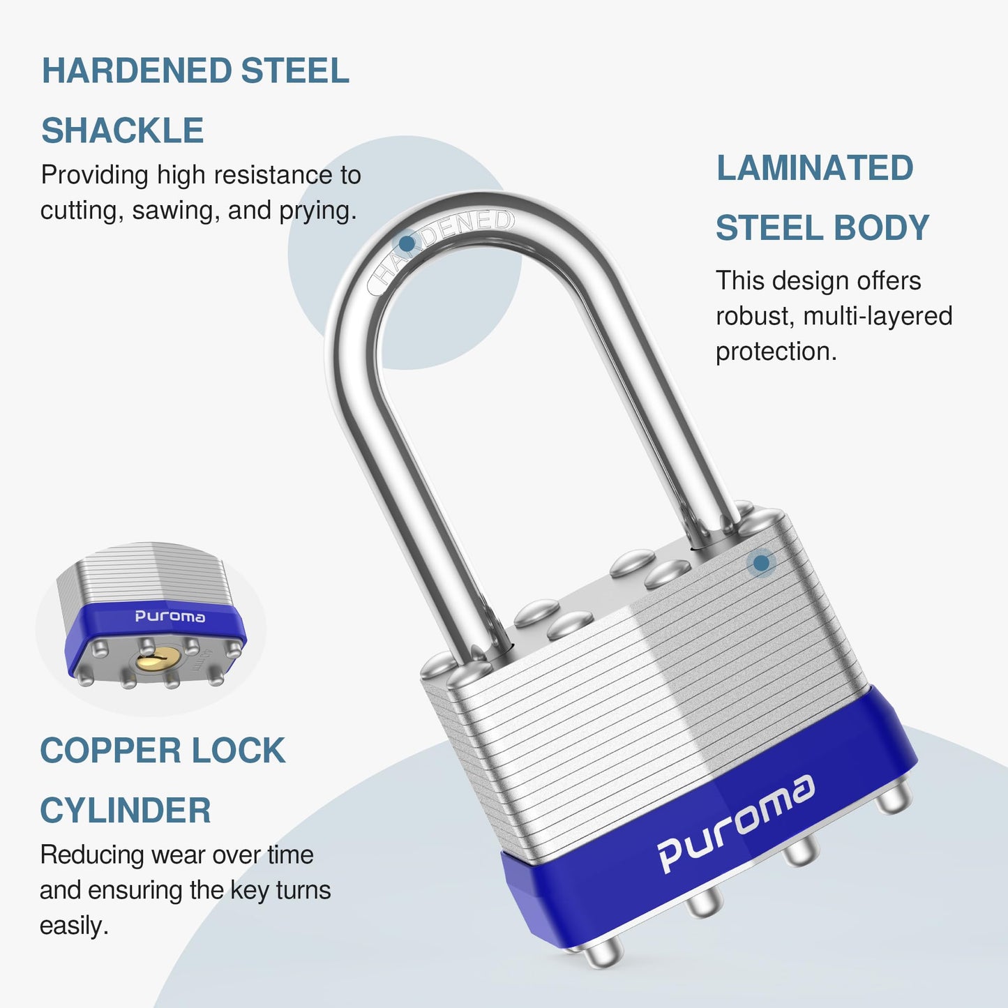 Puroma Lock 1 Pack Padlocks, 1-1/2” Long Shackle Heavy-Duty Locks with 2 Keys, 40mm Hardened Steel Keyed Alike Padlocks for Sheds, Gates, Fences, Toolbox, Outdoor and Indoor Use（Silver）
