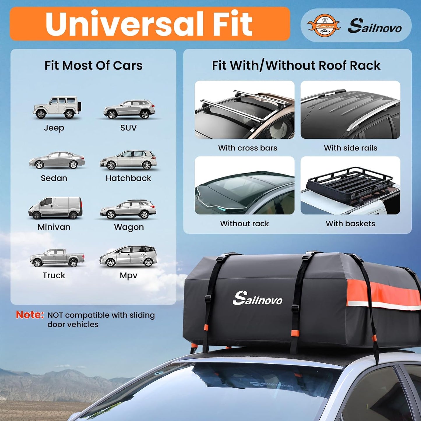 Sailnovo Rooftop Cargo Carrier - 15 Cubic Feet Waterproof 1000D PVC Bag with Anti-Slip Mat & Lock