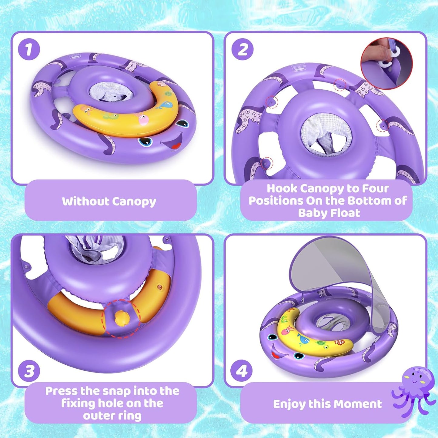 Skiennix Baby Pool Float - Octopus Swim Float with UPF50+ Canopy for 6-24 Months | Adjustable & Breathable Seat