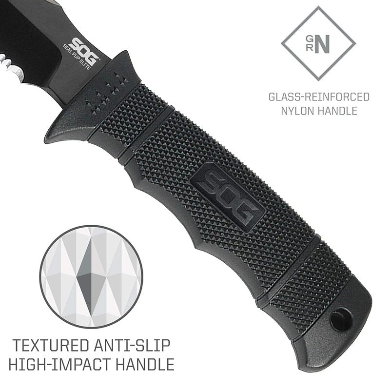 SOG Seal Pup Elite Tactical Fixed Blade- Survival and Hunting Knife with Sheath, 4.85 Inch Combat Knife Blade (E37T-K)