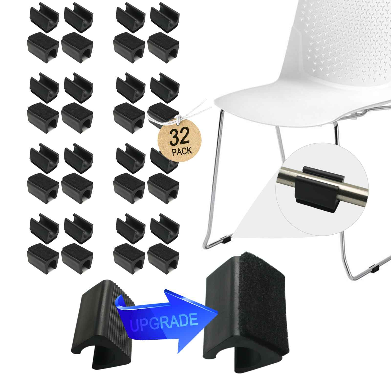 Rectangle U Shaped Chair Leg Tips Cap with Felt Pads,Furniture Feet Protector Slide Smoothly Glides,Protect Hardwood Floor No Scratches No Noise,Fit 16mm(5/8inch) Diameter Tubular Legs (Black 32PCS)