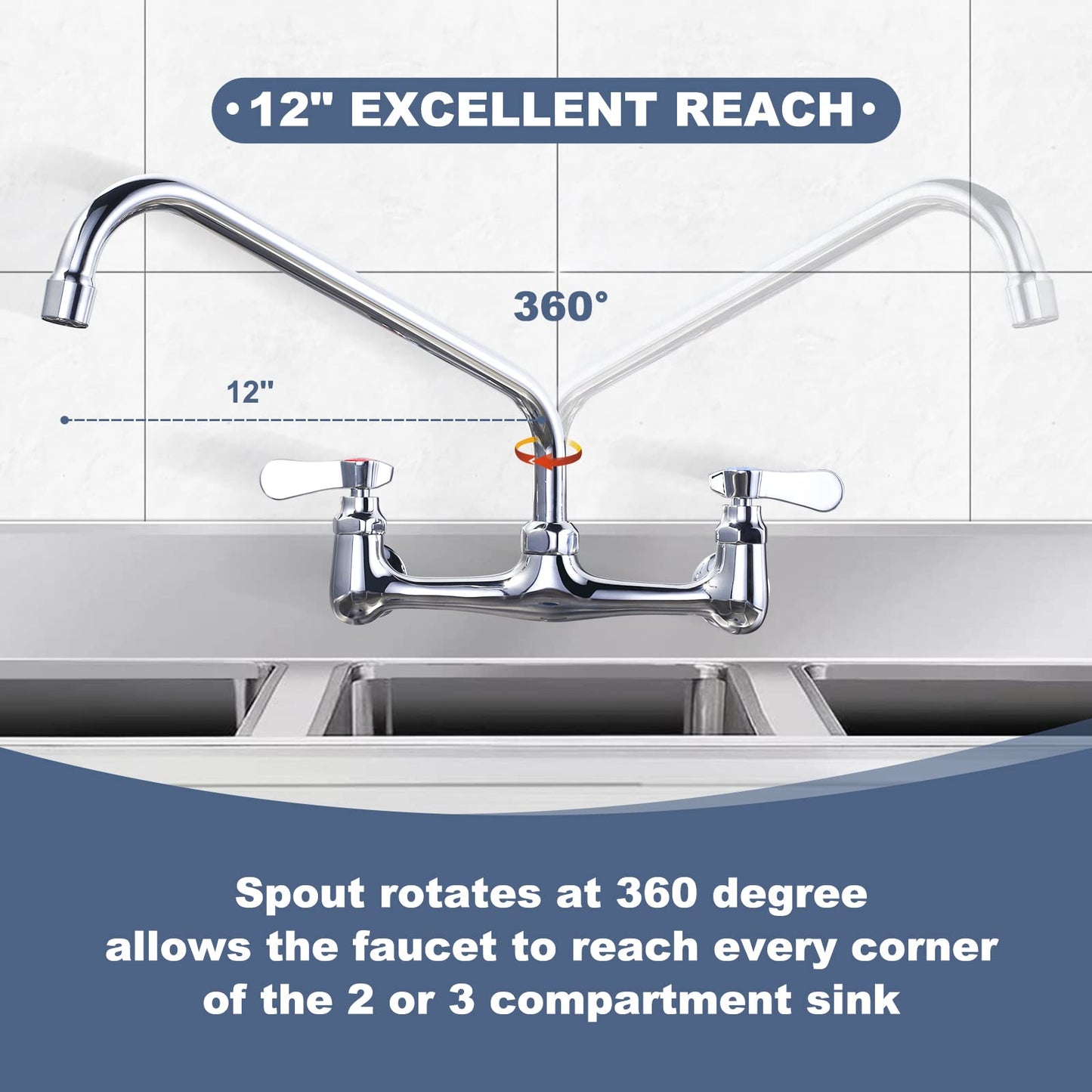 iVIGA Commercial Sink Faucet with 12” Swivel Spout, 8" Center Wall Mount Kitchen Faucet, Dual Handles Brass Utility Sink Faucet for Laundry Room Restaurant Compartment Sink, Polish Chrome