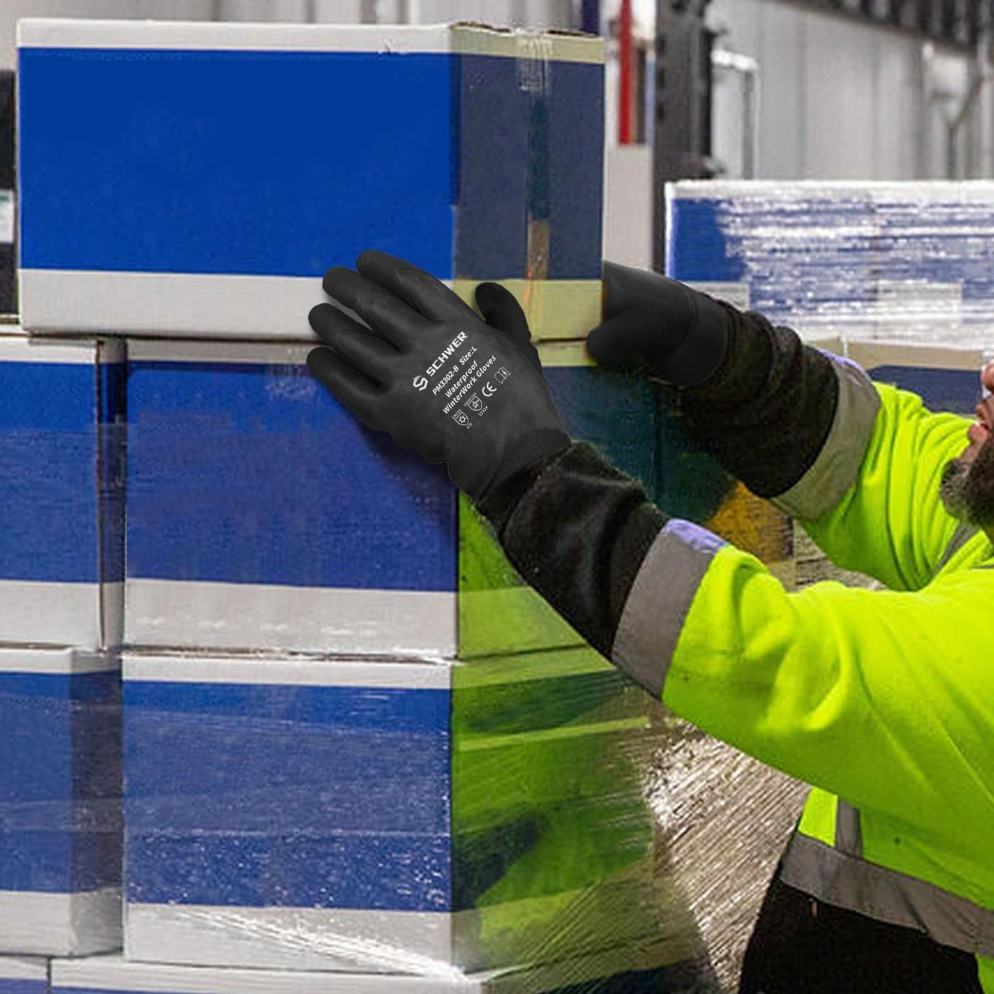 Schwer Waterproof Winter Work Gloves, ANSI A2 Cut Resistant Freezer Gloves for Outdoor Cold Weather Keep Hands Warm, Thermal Insulated Gloves for Shoveling Snow, Ice Fishing, Super Grip, L