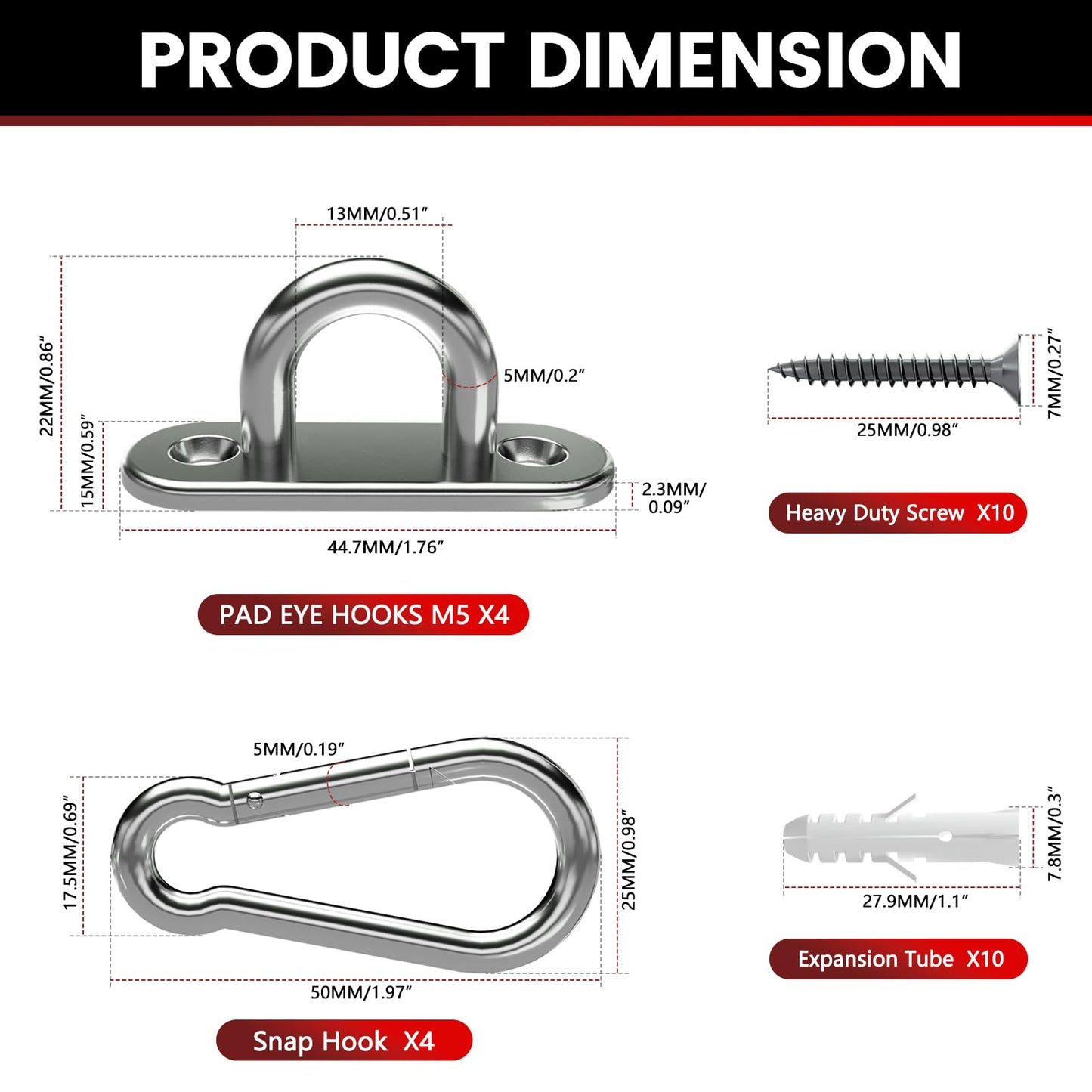sprookber 304 Stainless Steel Pad Eye Snap Hooks, M5 Heavy Duty Ceiling Hooks, 500 lb Capacity Hammock Swing Hanging kit, Plant Hangers, Marine Hardware Staple Hook Loop with Screws, Set of 8