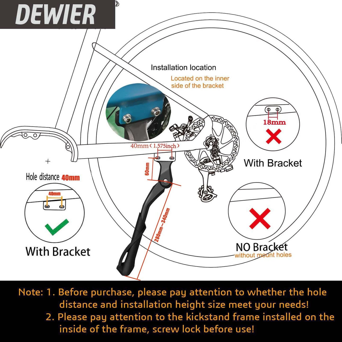 Dewier Bike Kickstand Aluminium Adjustable Bicycle Kickstand suitable Rear Side electric bicycles Fit for 26" 27.5" 29" 700C Bike Kick Stand for Bicycles ebike Kickstand (40mm Hole Distance) Storage