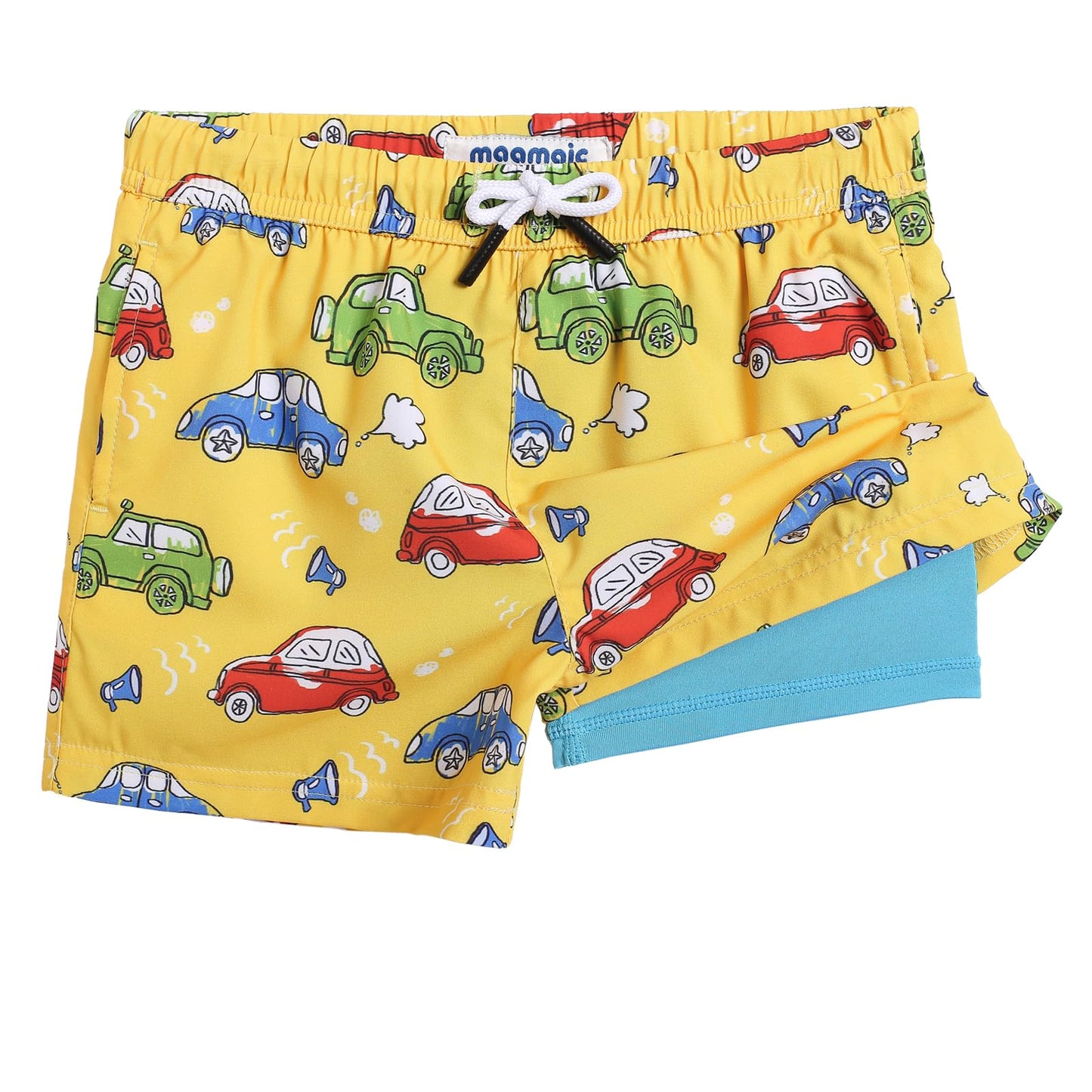 maamgic Boys Swim Trunks with Compression Liner Toddler Boy Swimsuit Quick Dry 4-Way Stretch Swimming Trunks Cartoon car Yellow 2T