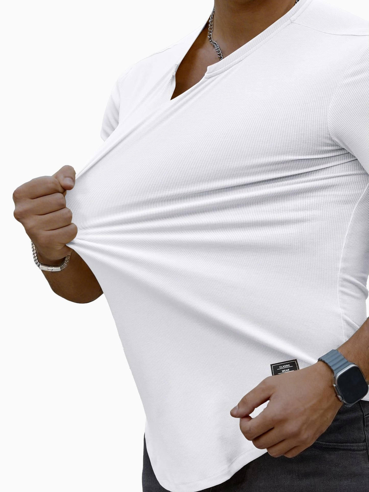 PLEPAN Muscle Shirts for Men Slim Fit Short Sleeve V Neck Henley Shirts Longline Gym Workout Athletic T-Shirts, White, XX-Large