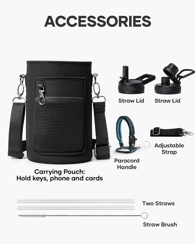 Topre 64 oz Insulated Water Bottle,Half Gallon Water Flask Stainless Steel Vacuum, Cold for 48 Hrs,BPA-Free & Leakproof -with Paracord Handle, Strap,Straw Spout Lids,Large Jug for Gym,Indigo Black